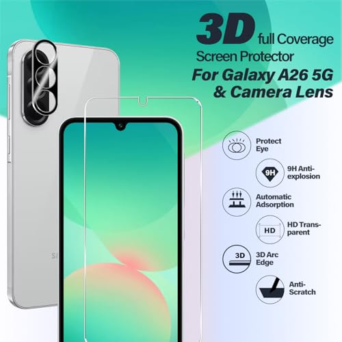 BIGFACE Galaxy A26 Tempered Glass Screen Protector + Camera Lens Protector [2 + 2 Pack][Case Friendly][Anti-Scratch][Ultrasonic Fingerprint Unlock] HD Protective Film for Samsung Galaxy A26 - size: Galaxy A26 (6.7")