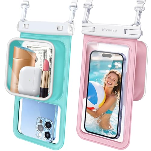 Niveaya [Floatable Floating Waterproof Phone Pouch 2 Pack-Up to 8.5", Large Space Adjustable Neck Lanyard Waterproof Phone Case, Phone Dry Bags for Vacation Beach Pool Kayak Cruise Travel Essentials - color: Green + Pink