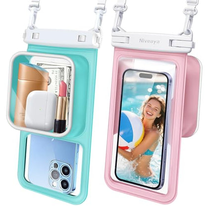 Niveaya [Floatable Floating Waterproof Phone Pouch 2 Pack-Up to 8.5", Large Space Adjustable Neck Lanyard Waterproof Phone Case, Phone Dry Bags for Vacation Beach Pool Kayak Cruise Travel Essentials - color: Green + Pink