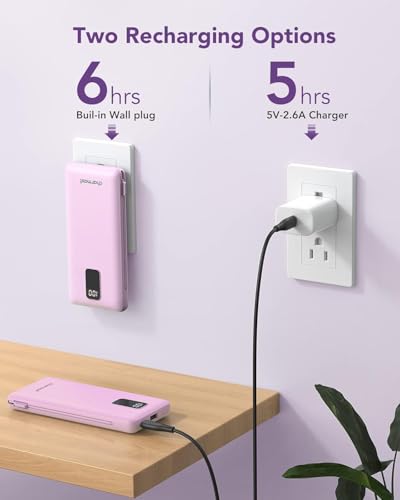 charmast Portable Charger Power Bank Built in Cables,10000mAh Battery Pack | with AC Wall Plug,LED Display & 5 Outputs,Travel Camping Essentials Slim External Phone Charger for iPhone,Samsung,Android - color: Purple
