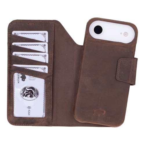 BLACKBROOK Detachable Leather Wallet Case Compatible with iPhone Air | Full-grain detachable folio with RFID blocking, 3 card slots, ID window, built-in kickstand, wireless charging, handcrafted. - color: Distressed Coffee, size: iPhone 17 Air