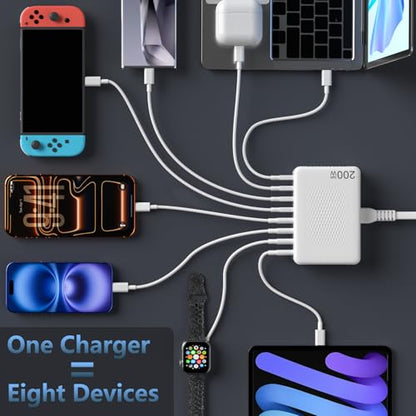 200W GaN 8-Port USB C Charging Station, PD 65W Multi-Device Charger - color: White