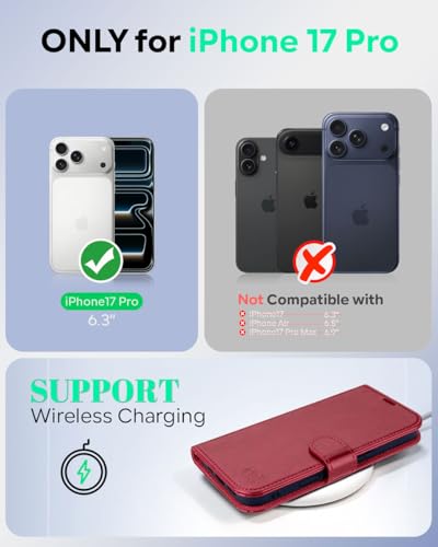 OCASE Compatible with iPhone 17 Pro Wallet Case, PU Leather Flip Folio Case with Card Holders RFID Blocking Kickstand [Shockproof TPU Inner Shell] Phone Cover 6.3 Inch 2025, Red | Card Slot Magnetic Stand Function RFID Blocker Shockproof Leather Case - co