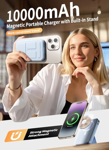 Magnetic Portable Charger, 10000mAh Wireless Power Bank with 20W USB-C Fast Charging, Foldable Stand & LED Display Magnetic Battery Pack, Compatible with iPhone 17/16/15/14, Sky Blue - color: Sky Blue