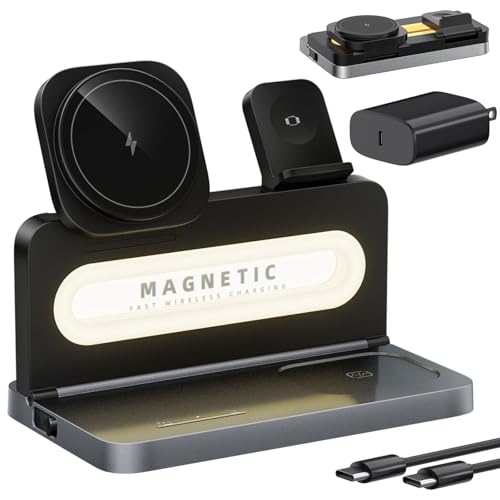 3 in 1 Wireless Charging Station for Apple MagSafe Charger,Magnetic Wireless Charger Stand for iPhone 16 15 14 13 12,Foldable Nightstand Charging Dock for Apple Devices iWatch,AirPods with Night Light - color: Black