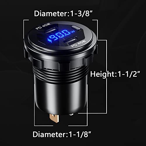 Dual PD 45W USB C Charger Socket Fast Charge Dual PD USB C Port Waterproof with Switch LED Voltmeter and Wire Fuse DIY Kit for 12V/24V Car Boat Marine ATV Bus Truck RV Motorcycle