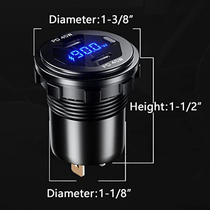 Dual PD 45W USB C Charger Socket Fast Charge Dual PD USB C Port Waterproof with Switch LED Voltmeter and Wire Fuse DIY Kit for 12V/24V Car Boat Marine ATV Bus Truck RV Motorcycle