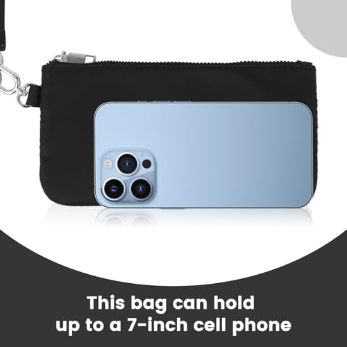 Mini Zip Around Wristlet Wallet, Dual Pouch Keychain Coin Purse for Women | Phone wallet design, detachable pouches, waterproof nylon, zipper closure, card holder, travel and daily essentials organizer - color: Black+Silver