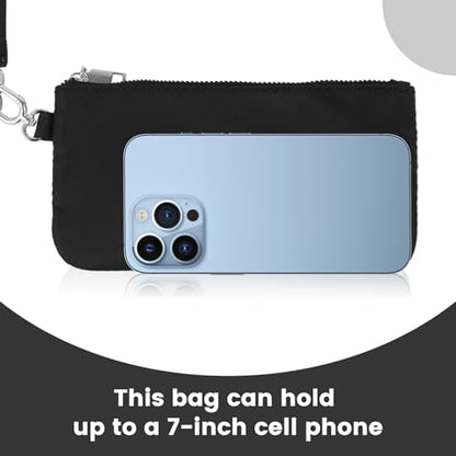 Mini Zip Around Wristlet Wallet, Dual Pouch Keychain Coin Purse for Women | Phone wallet design, detachable pouches, waterproof nylon, zipper closure, card holder, travel and daily essentials organizer - color: Black+Silver