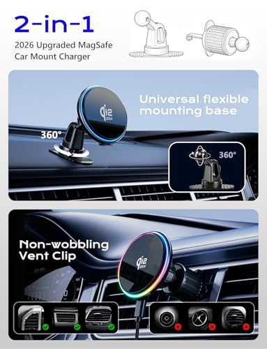 for Qi2.2 25W magsafe car mount charger, Magnetic Phone Holder with RGB Light, Wireless Car Charger 25W, Fast Charging For iPhone 17 Pro Max 16-12 Series, Galaxy S26 Ultra, Google Pixel 10 Pro