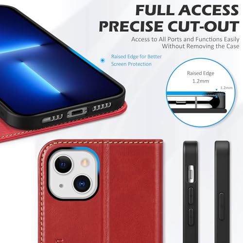 SHIELDON Genuine Leather Folio Wallet Case for iPhone 13 6.1", Retro Red | [RFID Blocking] Case Cover Card Slot Stand Function TPU Effective Protection Shockproof 2021 - color: Red - Retro