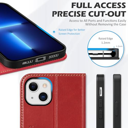 SHIELDON Genuine Leather Folio Wallet Case for iPhone 13 6.1", Retro Red | [RFID Blocking] Case Cover Card Slot Stand Function TPU Effective Protection Shockproof 2021 - color: Red - Retro