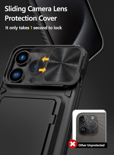 Vihibii for iPhone 15 Pro Max Case Wallet with Card Holder (4 Cards), Black | Slide Camera Cover, Kickstand, Military Grade Drop Protection, Rugged Hard Back, Silicone Edge Wallet Phone Case, 2023, Black - color: Black, size: iPhone 15 Pro Max