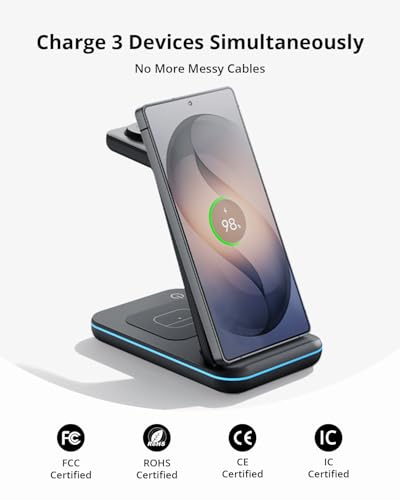 Wireless Charger for Samsung&Android: JoyGeek 3 in 1 Charging Station for S26/S25/S24/S23/S22/S21/S20/Note20/Z Fold&Flip, Galaxy Watch8/7/6/5/4/3/Active2/1（Not for Galaxy Watch9 / Ultra2） - color: Black