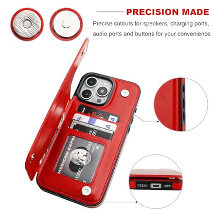 ONETOP for iPhone 16 Pro Max Wallet Case with Credit Card Holder,Red | Kickstand,ID/Cash Holder,Case Wallet with Card Slots,Double Magnetic Clasp,Durable PU Leather Shockproof Cover for Women Men - color: Red