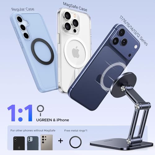 UGREEN Magnetic Phone Stand Compatible with MagSafe Holder for Desk Ergonomic Design Adjustable, Aluminum Cell Phone Stand Compatible for iPhone 17 Air 16 15 14 13 12 Pro Max and MagSafe Case, Grey - color: Grey
