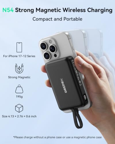 GREPRO Magnetic Power Bank, 10000mAh Built-in 22.5W USB-C Cable for iPhone | Compatible for MagSafe Portable Charger, LED Display, for iPhone 17/17 Air/17 Pro/17 Pro Max/16/15/14/13/12 Series, AirPods