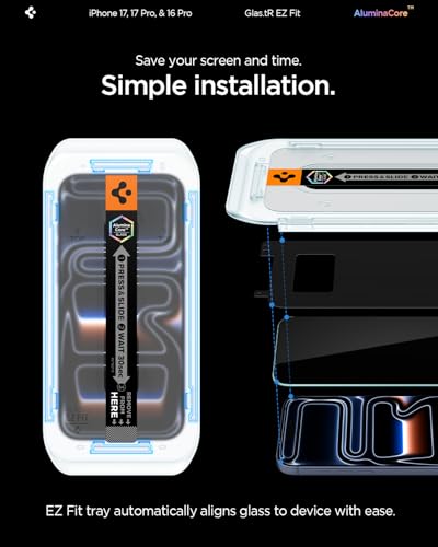 Spigen GlasTR EZ FIT Screen Protector for iPhone 17 Pro, 17, 16 Pro | AluminaCore Aluminum-enhanced 10H+ tempered glass, Auto-align tray, 100% clarity, Original touch, Case-friendly, 2Pack - size: iPhone 17 Pro / iPhone 17 / iPhone 16 Pro