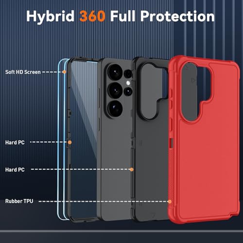 for Samsung Galaxy S26 Ultra Case with HD Screen Protector, 3-Layer Shockproof Military Grade Full Body Protection, Heavy Duty Hybrid Protective Phone Cover (Bright Red/Black) - color: Bright Red/Black