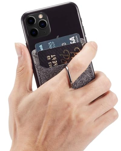 2Pcs RFID Phone Wallet Stick on Back of Phone Card Holder with Ring | 2 Black Glitter Sticky Phone Wallet for Credit Card/IDs/Pocket, Adhesive Phone Card Holder for iPhone, Videos - color: Black Glittering