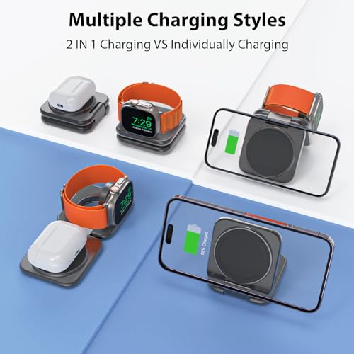 2 in 1 Foldable Mini Travel Wireless Charger Stand for Apple, KUXIU Aluminum Alloy Magnetic Charging Station Compatible with iPhone 15/14/13/12Pro/Max, 5W Fast Charging Watch 9/8/7/Ultra2, AirPods Pro - color: Gray