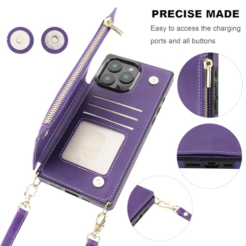 Bocasal Crossbody Wallet Case with Strap for iPhone 16 Pro Max, Purple | RFID Blocking Card Slot Holder, Magnetic Flip Folio Purse Case, PU Leather Zipper Handbag Detachable Lanyard Strap 6.9 Inch - color: Purple