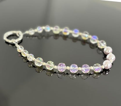 Sparkle Crystal Pearl Phone Wrist Strap for Women, Sparkling Beaded Cellphone Lanyard Chain - color: Purple