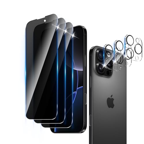 3+3 Pack Privacy Screen Protector Designed for iPhone 16 Pro With 3 Pack Camera Lens Protector,Full Coverage Anti-Spy Tempered Glass Film,9H Hardness,Bubble Free,Easy to Install - color: iPhone 16 Pro FK33