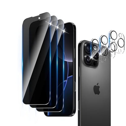 3+3 Pack Privacy Screen Protector Designed for iPhone 16 Pro With 3 Pack Camera Lens Protector,Full Coverage Anti-Spy Tempered Glass Film,9H Hardness,Bubble Free,Easy to Install - color: iPhone 16 Pro FK33