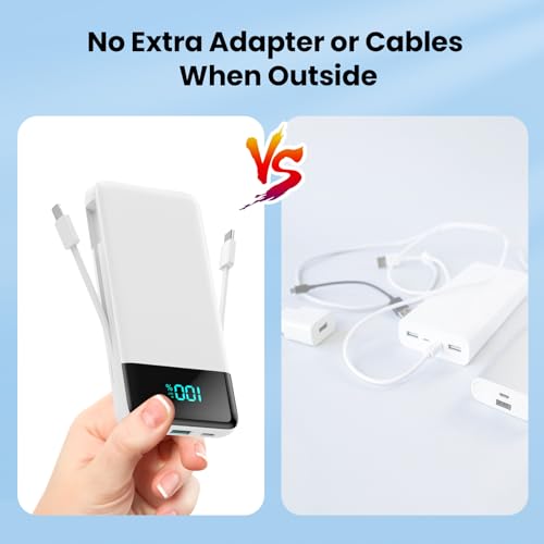 Portable Charger Power Bank for iPhone with Built-in Cables and AC Wall Plug, 13800mAh Ultra Slim Travel Essentials,USB C Fast Charging External Battery Pack for iPhone 17/16/13,Galaxy,Android-White - color: White