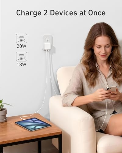 Nekmit Flat USB C Wall Charger, 45W Dual Port PPS Fast USB Charger Block(1*USB-C & 1*USB-A), Slim USB C Wall Plug for iPhone 17/16 and More Series, MacBook Air, iPad - color: White