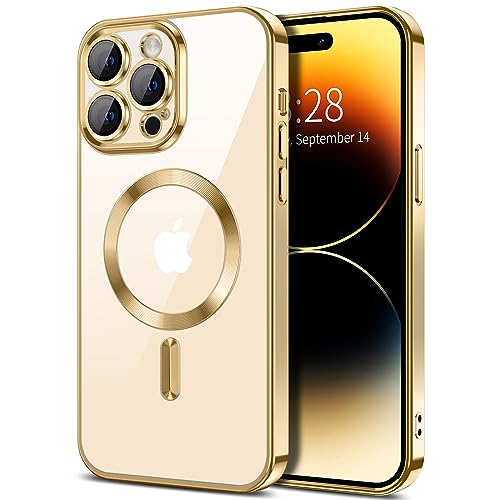 Hython Magnetic Clear for iPhone 14 Pro Case with Camera Lens Protector [Compatible with MagSafe] Luxury Plating Edge Slim Soft TPU Cover Protective Phone Case for iPhone 14 Pro 6.1", Gold - color: Gold, size: Iphone 14 Pro - 6.1 Inch