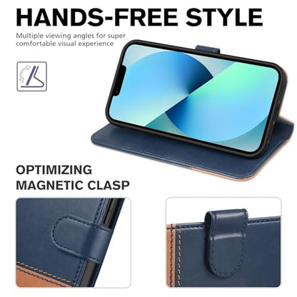 TUCCH Wallet Case for iPhone 13 (6.1") 2021, Flip Stand, Blue & Brown | RFID Blocking, 3 Card Holders, Kickstand, PU Leather, Shockproof TPU Shell, Magnetic Closure, Protective Folio Cover - color: Blue & Brown