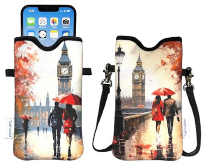 Tainada Neoprene Neck Cell Phone Pouch w/Crossbody Strap (Autumn in London) | For Men/Women; Lightweight cellphone case bag w/ adjustable lanyard; Original design, made in Taiwan; Fits most smartphones - color: Autumn in London