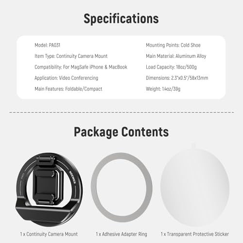 NEEWER Foldable Continuity Camera Mount with Cold Shoe for MagSafe iPhone 15 Pro Max 14 13 12 MacBook Air 13" M1, MacBook Air 2018-2020, MacBook Pro 13" M1/M2, MacBook Pro 13" 2017-2020, PA031 - style: PA031