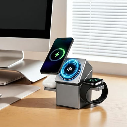 3-in-1 Wireless Charging Station, Soft LED Indicator, Multiple Protection, 15W Auto-Rotating Wireless Charger for iPhone 17,16,15,14,13,12 Series, Apple Watch, AirPods