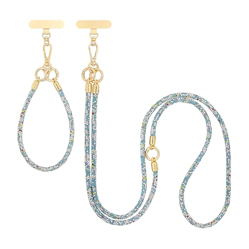 ABJFJE Crystal Phone Lanyard Crossbody & Wrist Strap Phone Strap Crossbody & Wrist Lanyard Anti Theft Phone Strap for Women - color: Blue + White