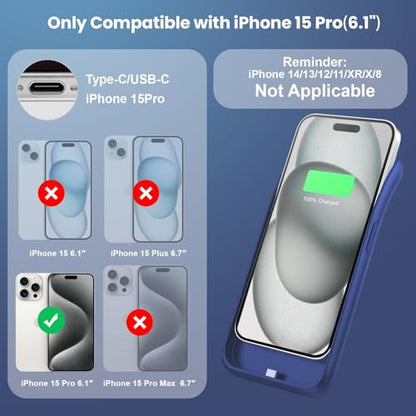 Feob Battery Case for iPhone 15 Pro, [2026 Upgraded] 7500mAh Slim Portable Smart Charging Case Rechargeable Protective Extended Charging Cover for iPhone 15 Pro-Blue - color: Blue