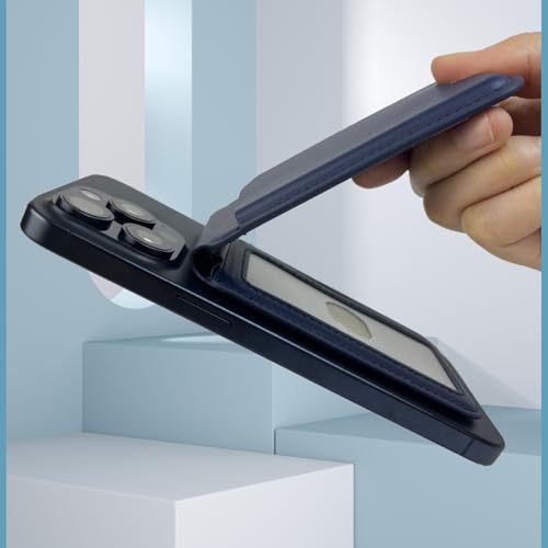 Magnetic Wallet for Mag-Safe with Adjustable Stand, 5 Card Holder, RFID Blocking,Upgraded Leather Card Holder Wallets Compatible with iPhone 17 16 15 14 13 12 Series - color: Deep Blue folding support