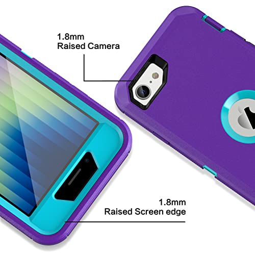 MXX Case Designed for iPhone SE Case 2020/2022 Heavy Duty Protective with Screen Protector [3 Layers] Rugged Rubber Protection Cover & Rotating 360 Degree Belt Clip SE 3rd/2nd Gen(Purple/Light Blue) - color: Purple/Light Blue