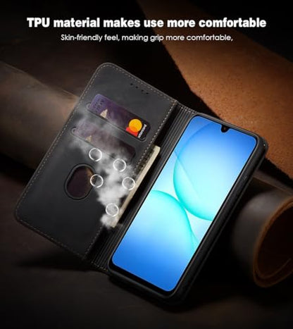Asuwish Flip Wallet Phone Case for Samsung Galaxy A17 5G with Tempered Glass Screen Protector Magnetic Closure Folio Cover Credit Card Holder Slot Stand Cell Accessories A 17 17A 4G Women Men Black - color: Black