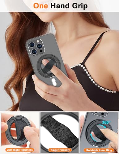 Airloop Pro for MagSafe Phone Grip Stand with Finger Strap - [Upgrade Secure Hinge] 360° Rotation Removable Magnetic Ring Holder Kickstand Loop for iPhone 17, 16, 15, 14, 13, 12 Series - color: Dark Black