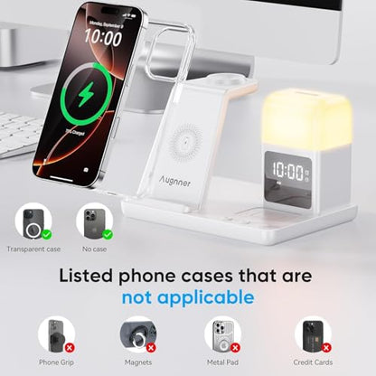 6 in 1 Wireless Charging Station with Clock & Night Light，Alarm Clocks for Bedrooms,Wireless Charger Stand with Beside Clock for iPhone 18/17/16/15/14/13/12 Pro Max, Apple Watch,Airpods (White) - color: White