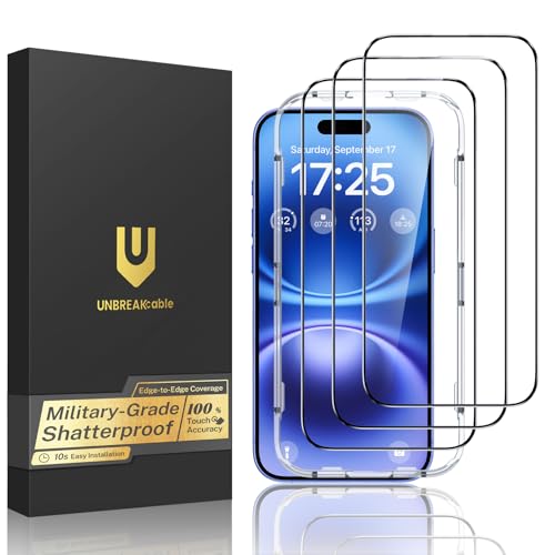 UNBREAKcable for iPhone 16 Screen Protector, 3-Pack Full Coverage Tempered Glass [Military Grade Shatterproof] [9H Hardness] [Easy Installation Frame] [Bubble Free] for iPhone 16 6.1" - size: iPhone 16/15
