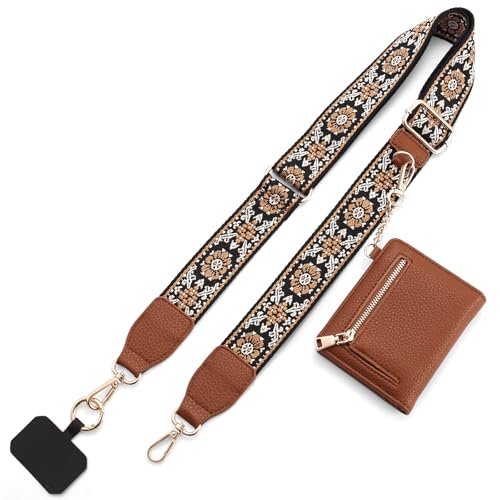 Diaclara Clip and Go Phone Strap with Zipper Pouch- Stylish Crossbody Adjustable Chain Lanyard with Leather Wallet for All Phones, Brown and Orange Pattern - color: Brown and Orange Pattern