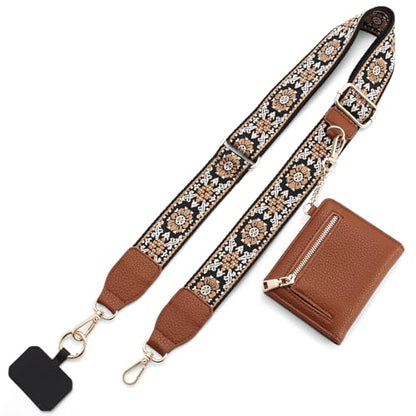 Diaclara Clip and Go Phone Strap with Zipper Pouch- Stylish Crossbody Adjustable Chain Lanyard with Leather Wallet for All Phones, Brown and Orange Pattern - color: Brown and Orange Pattern