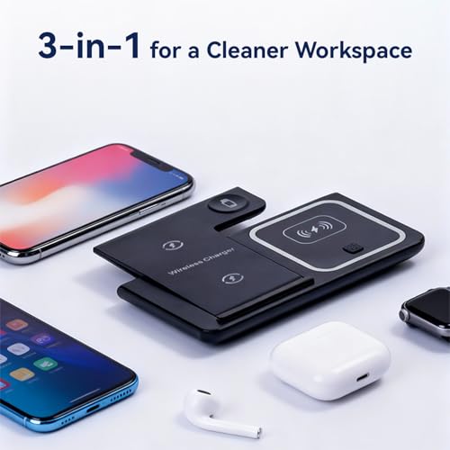 3 in 1 Portable Wireless Fast Charger for Apple & Android, Wireless Charging Station for iPhone17 16 15 14 13 12, Apple Watch & Air pods 4 3 2 Pro, Samsung Galaxy, Black - color: Black