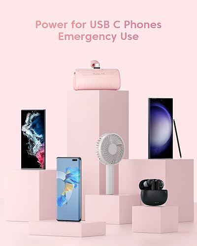 Kuulaa Portable Charger USB C with Built-in USB-C Plug, 4500mAh Mini Power Bank Small Battery Pack for iPhone 15/16,Samsung S22/S23 & Android (Pink) - color: Pack of 1 Pink