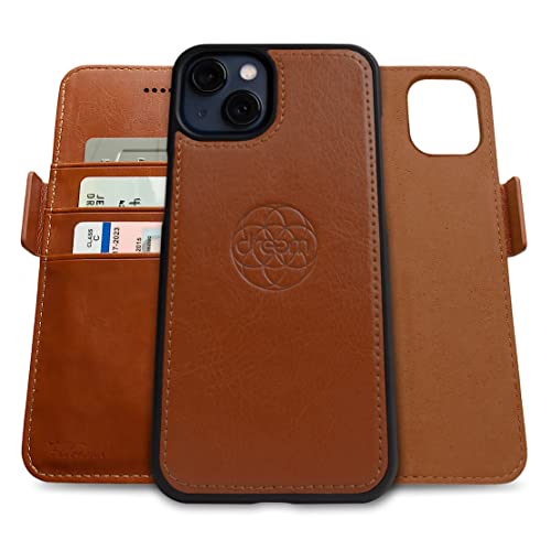 Dreem Vegan Leather Magnetic Detachable Wallet Case for iPhone 13 Mini | Built-in Phone Stand, RFID Blocking Card Holder Flip Cover, MagSafe Compatible, Gift Box [Fibonacci: Caramel] - color: Caramel, size: iPhone 13 Mini