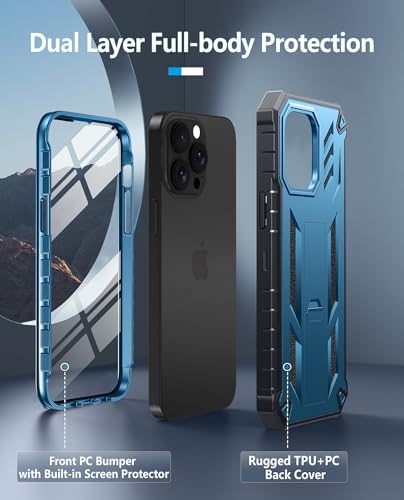 FNTCASE for iPhone 14 Pro Max Case, Built-in Screen Protector, Kickstand | 20FT Military-Grade Drop Protection, Anti-Slip Matte Textured, Rugged Heavy Duty Shockproof TPU Protective Cover - color: Kickstand Blue